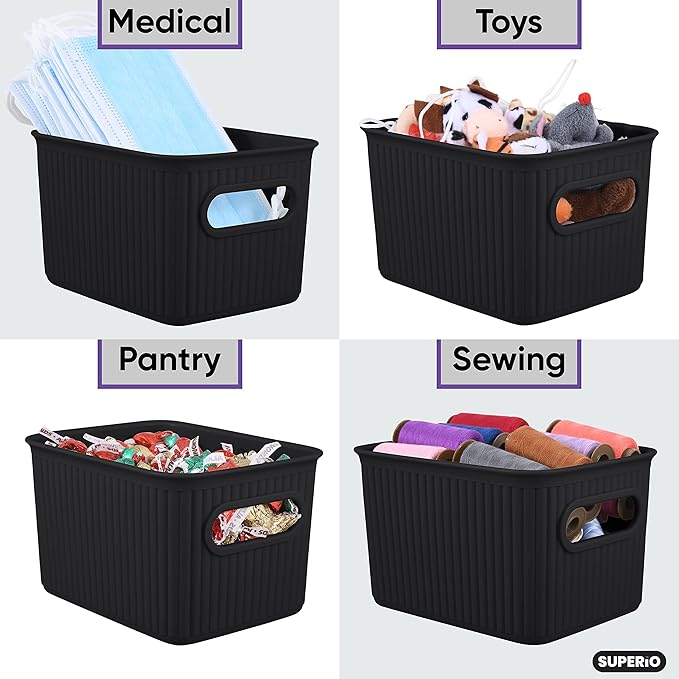 Superio Ribbed Collection - Decorative Plastic Basket Open Home Storage Bins Organizer, Small Brown (4 Pack) Container Boxes for Organizing Closet Storage Bins for Shelves Drawer Shelf 1.5 Liter