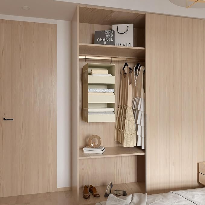 3-Shelf Hanging Closet Organizer and Storage, Foldable Hanging Closet Shelves Front Lip Design Washable Hanging Storage, Beige