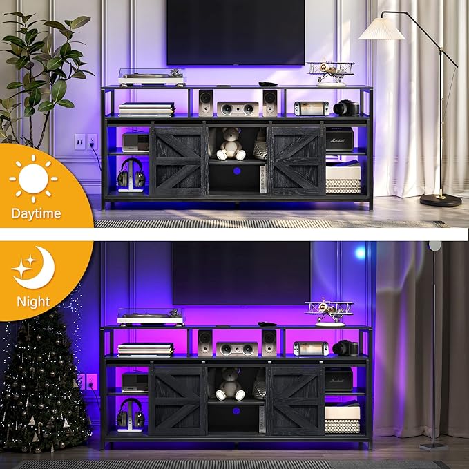 Mid Century Modern Black TV Stand with Sliding Barn Doors, Charging Station, LED Lights, and Storage Shelves for up to 70 inch TVs