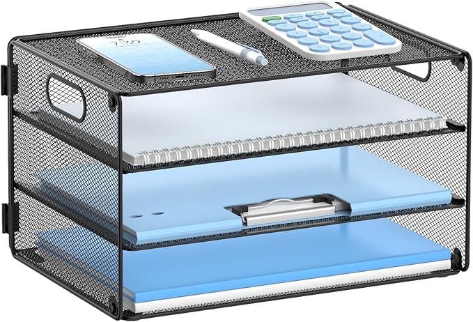 Daltack 3-Tier Paper Organizer with Handle, Mesh Desk Organizer Letter Tray, Paper Tray Organizer File Organizer for A4 File Folder, Black, 2 Pack