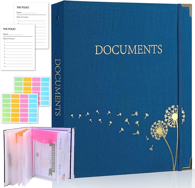 XKDOUS Important Document Organizer with 9 Pockets, Aesthetic Folio Folders 3-Ring Accordion Storage Binders Linen Expanding File Folder for Papers, Documents and Files
