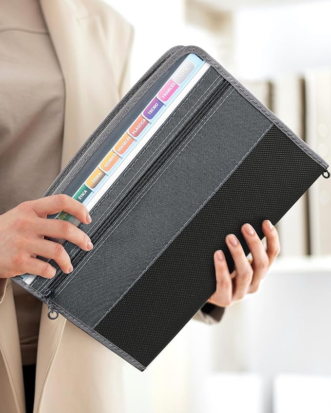 Sooez Accordion File Organizer with Safe Zipper, 12 Pocket Expanding File Folder with Front Pencil Pouch, Portable Monthly Paper Bill Tax Receipt Organizer, School Office Supplies, Letter Size, White