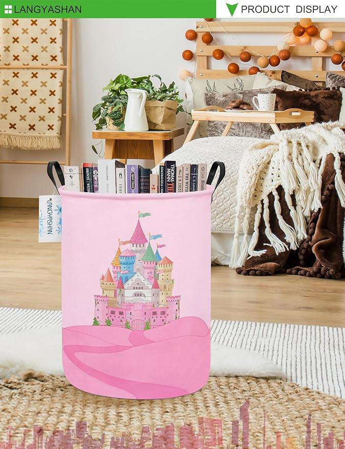 LANGYASHAN Storage Bin, Canvas Fabric Collapsible Organizer Basket for Laundry Hamper,Toy Bins,Gift Baskets, Bedroom, Clothes,Baby Nursery (Round Castle)