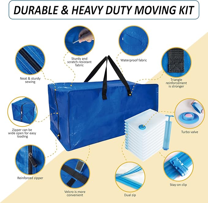 20 Pack Heavy Duty Extra Large Moving Bags with Backpack Straps & Vacuum Storage Bags, Moving Totes with Handles for Space Saving, Christmas Storage Bags for Wreaths, Garlands, Decoration & Ornaments