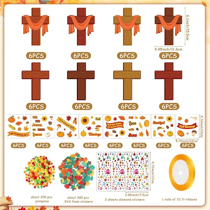 Funrous 48 Sets Fall Christian Kit Bulk Thanksgiving Cross Paper Crafts Religious Jesus Blessing Hanging Ornaments with Glitter Leaf Pompoms Stickers for Sunday School Classroom Activity Church