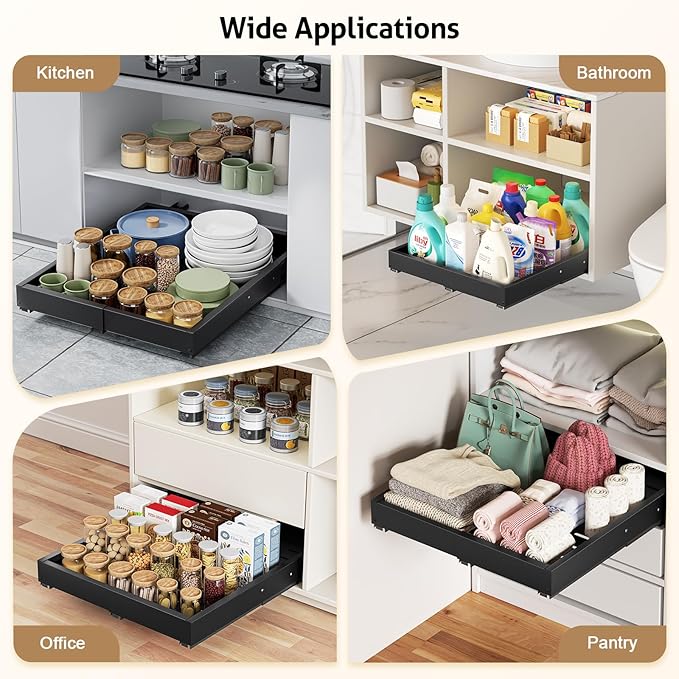Upgrade Pull Out Cabinet Organizer, Expandable Width (11.4"-18.9") Depth (16.3"-21.7") Pull out Drawers for Cabinets with 3 Rails, No Drill Adhesive Film or Nail Slide out Drawers for Kitchen, Pantry