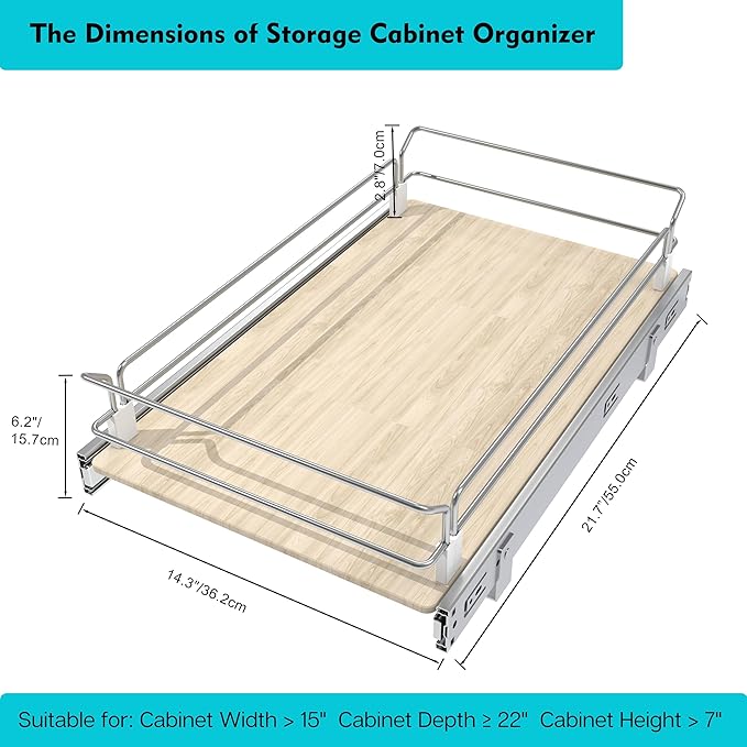 Pull Out Cabinet Organizer 15" W X 22" D, Slide Out Drawers For Kitchen Organizers and Storage, Pull Out Drawers For Cabinets Capacity Heavy Duty Caddy, Cabinet Shelves Wood Chrome, Pantry Storage