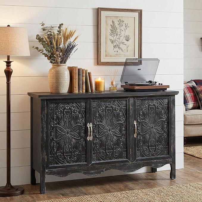 RoyalCraft Buffet Cabinet with Storage, Vintage Solid Wood Sideboard with 3 Carved Doors, Painted Coffee Bar Console Table for Dining Room, Living Room, Kitchen, Distressed Black