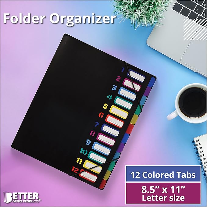 Better Office Products 24 Clear Pocket Expanding File Folder with 12 Colored Tabs, Letter Size, Holds 300 Sheets, Project File Organizer, Numbered Index on Cover,(1 Pack Black)