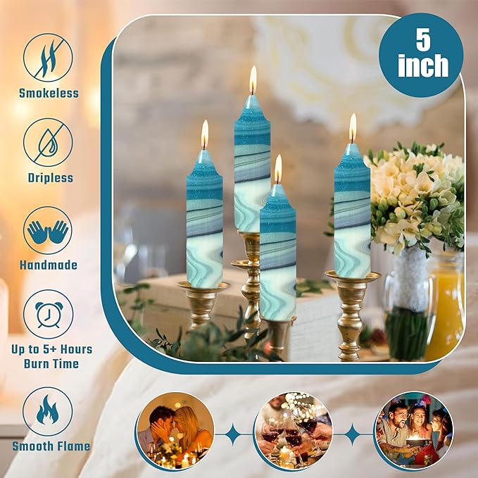 5 inch Short Candle Blue Quicksand Print Candle 4 Pack Handmade Unscented Taper Candles Printed Candlestick Smokeless Tapered Candles for Home Dinner Wedding Holiday