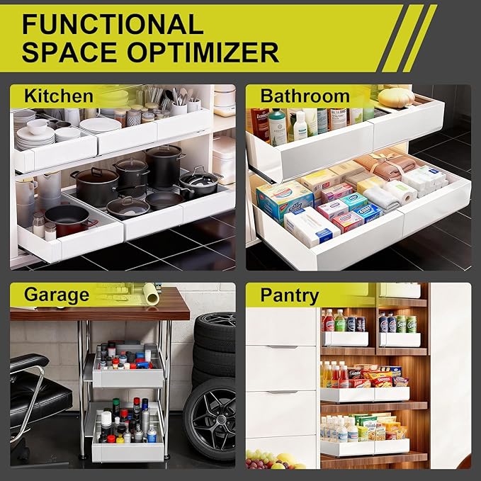 4-Pack Expandable Pull Out Cabinet Organizer 21" Deep with 3 Slide Rails, Adjustable Width (12"-22") Drawer Organizer for Kitchen Pantry Base Cabinets, Fixed with Roll Out Shelves Adhesive, White