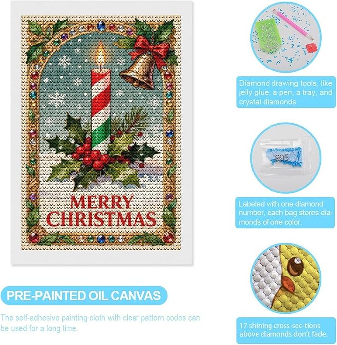 AIVKIEJK Diamond Painting Kits for Adults - Merry Christmas Candle & Holly Accents Painting DIY 5D Full Drill Diamond Dots Paintings with Diamonds Gem Art and Crafts Home Decor 8"x12"