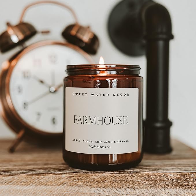 Sweet Water Decor Farmhouse Soy Candle - Apple, Orange, Pumpkin and Clove Scented Fall Candles for Home - 9oz Amber Jar + Black Lid, 40+ Hour Burn Time, Made in The USA