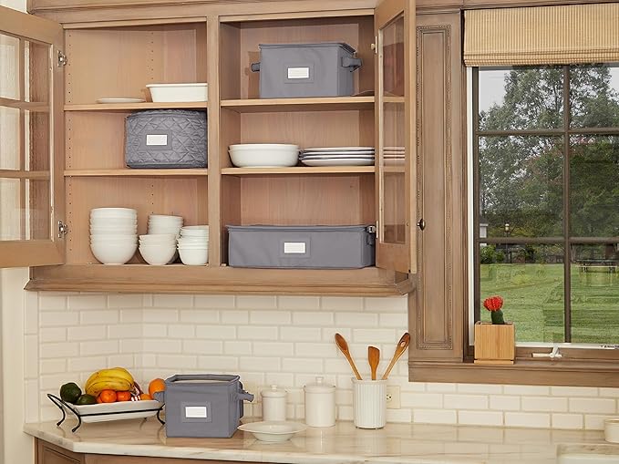Covermates Dish Storage Box – China & Dinner Plate Storage Container with Dual Zippers, Reinforced Handles, ID Window & Stackable Structured Walls for Dishware Organization, Graphite