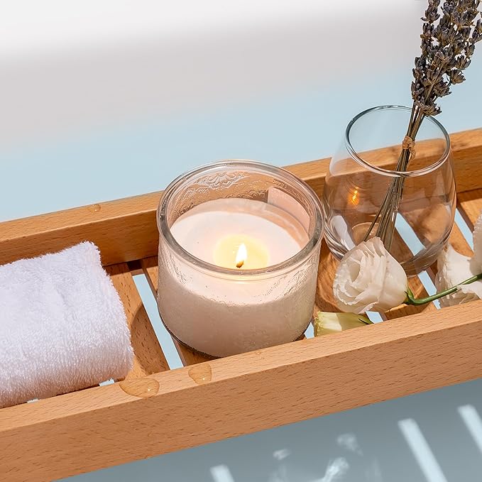 10 oz Embossed Glass Candle Container with Bamboo Lids and Labels, Clear Candle Jars for Making Candles, Mandala Design - Pack of 9