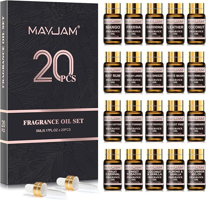 MAYJAM Fragrance Oil Gift Set, Top 20 Essential Oils Variety Pack for Diffusers for Home, Long Lasting Scented Oils for Soap Candle Making - 5ml/0.17fl.oz