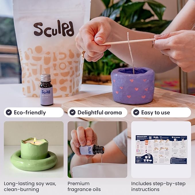 Sculpd Candle Making Pottery Kit for Adults with Air Dry Clay and Acrylic Paint Set, Non-Toxic Eco Soy Wax, Scented Fragrance Oil, Candle Glaze, Tools & Guide, 1 Candle, Peony Rose with Earth Tones