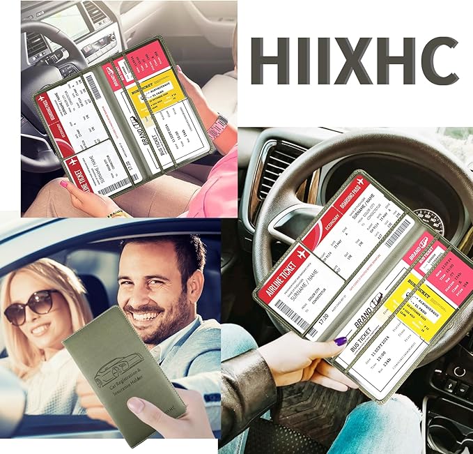 HIIXHC Car Registration and Insurance Card Holder - Leather Vehicle Glove Box Automobile Documents Paperwork Wallet Case Organizer for ID, Driver's License, Key Contact Information Cards