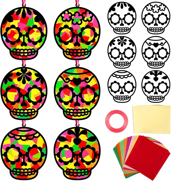Qyeahkj 36 Set Day of The Dead Suncatchers Crafts for DIY Skull Window Tissue Paper Craft Kit Hanging Decor for Mexico Home Activity Art Project Birthday Party Favor Gift