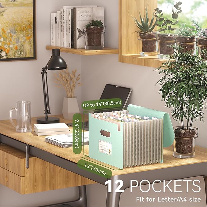 EcoStash Accordion File Organizer, 12-Pocket Wheat Straw Expanding File Folder, Portable Monthly Bill & Tax Receipt Organizer, Letter/A4 Size Document Holder with Colorful Tabs-Mint Green