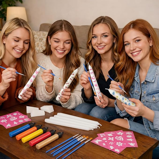 Treela 42 Pcs DIY Candle Painting Kit Include 12 White Taper Candles 12 Vibrant Colors Candle Wax Pen 6 Floral Painting Stencils 6 Paint Brushes 6 Sponge Block for Craft Birthday Wedding Holiday Party