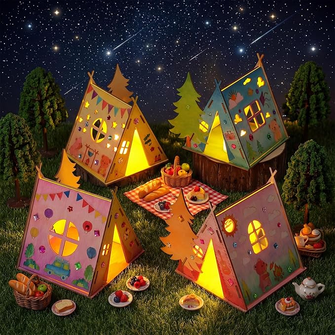 DoubleFill 12 Sets Camping Crafts Paint Camping Wood Tent with Flameless LED Candles and Acrylic Paint Kits for Crafts DIY Picture Frame Gifts Bulk Kids Summer Camp Party Favor for Home Vbs Sunday
