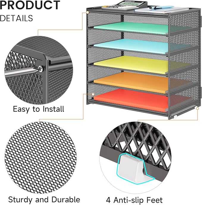 2 Pack 6 Tier Paper Organizer, Metal Mesh Desk File Folder, Letter Tray Organizer, Paper Sorter Desk Organizers for Office, Home or School File Folder Holder - Gray