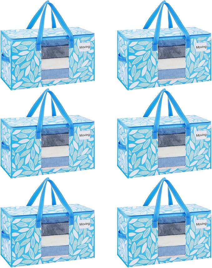 VENO 6 Pack Heavy Duty Moving Bags, Clothes and Comforter Storage Bags with Clear Window, College Dorm Essentials Packing Supplies, Foldable Boxes Alternative (Spring Breeze, 6 Pack)
