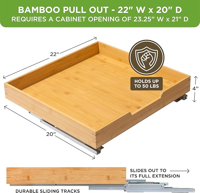 HOLDN’ STORAGE Bamboo Wooden Pull out Cabinet Organizer 22"W x 21"D Requires At Least a 23.25"W x 21"D Cabinet Opening W/Lifetime Limited Warranty, Bamboo Tray and Heavy Gauge Metal Rails