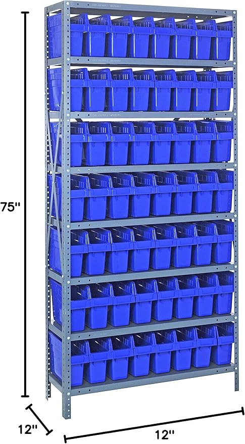 Quantum Storage Systems 1275-SB801BL Solid Heavy Duty 8 Shelves 56 STORE-MAX Blue Bins 75" H x 36" W x 12" D