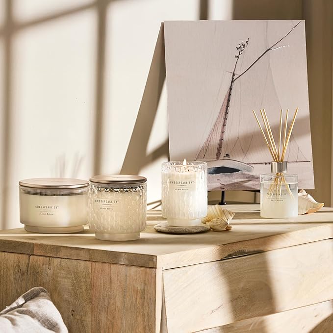 Chesapeake Bay, 8oz Salted Sands Scented Candle, Mood Evoking Fragrance, Textured Sea Glass-Inspired Jar, Premium Soy Blend Wax with Essential Oils, Coastal Fragrance for Home Décor or Gifting
