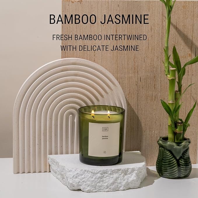 Craft & Kin 12oz Bamboo Jasmine Candle for Home | Premium Green Scented Candles for Men | Winter Candles Made with Natural Soy | Holiday Candle Gifts for Men and Women | Nature Collection