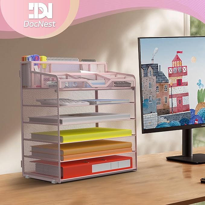 Docnest 6 Tier Mesh Desk Organizer for Paper Office Supplies – Multi-Functional Letter Tray with 5 Adjustable Compartments, 9 Pen Holders, Desktop Storage for Files, Mail, Stationery – Pink