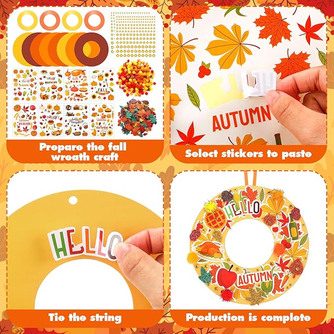 Hollowfly 48 Sets Wreath Craft Kits DIY Wreath Hanging Ornaments Make Your Own Paper Craft with Stickers for Home Party Favors Activities(Autumn)