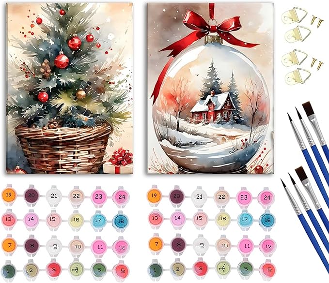 Paint by Number Kit for Adults & Kids, 2 Pack Christmas Scenes 16x20 Inch Framed, DIY Acrylic Painting Kit with Brushes & Paints, Festive Home Art Decor