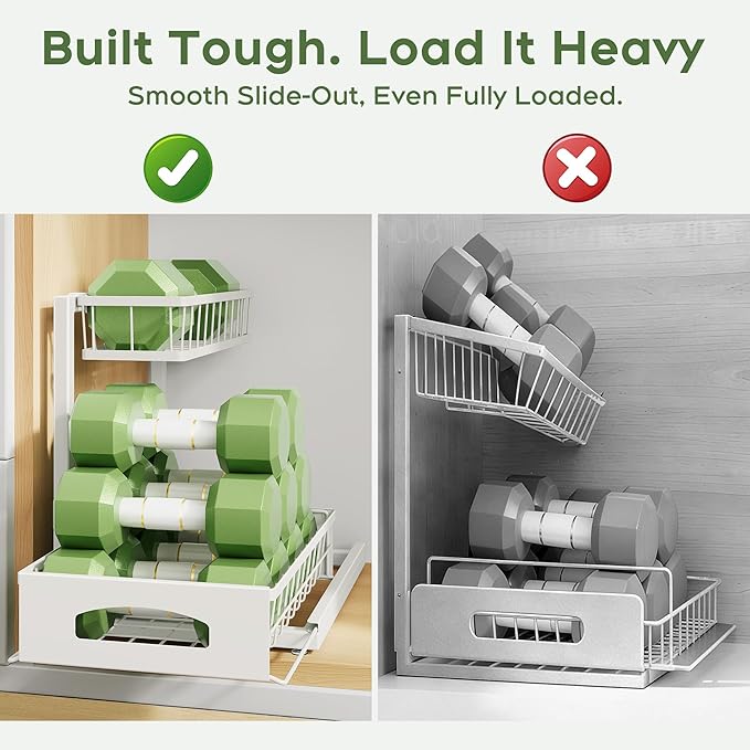 Under Sink Organizer, Cabinet Organizer for Kitchen, Height Adjustable Pull Out Heavy Duty 2 Tier Metal Under Sink Storage for Bathroom Pantry (White, 1 Pack)