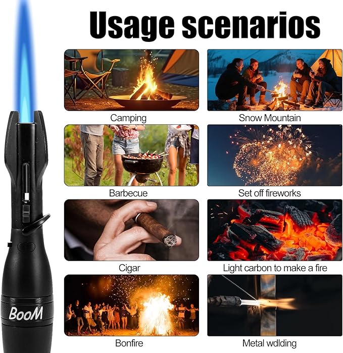 Torch Lighter Jet Flam Lighter Refillable Butane Windproof Adjustable Long Lighters for Candle Grill BBQ Camping Hiking Lighers (Black)