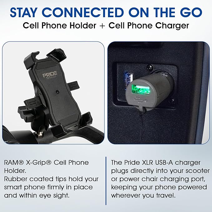 Pride Go Go Sport 4 Wheel Mobility Scooter + Pride Mobilty Cell Phone Mount, XLR Phone Charger, Mobility Yours Rear Basket, New Easy Turn Feature, LED Headlight, 325 Lbs Capacity, Warranty