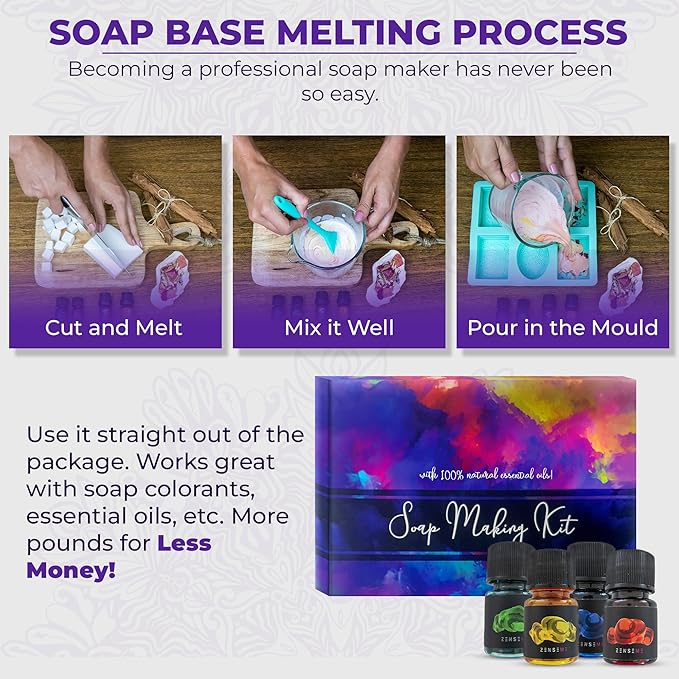 Soap Making Kit for Adults, Make Your Own Soap with Melt & Pour diy gentle soap supplies; 6 Essential Oils, Silicone Soap Mold, Spoon, Dried Flowers, 1.5lbs. Goats Milk Soap Base, 4 Colors, 9 Labels