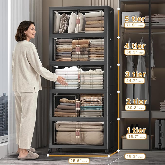 Stackable Storage Bins with Lids & Wheels & Door, Foldable Collapsible Closet Organizers, Extra Large Plastic Storage Drawers for Bedroom Dorm Office Garage (Dark-112QT, 5Pack with 1 top lid)