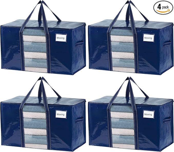 VENO 4 Pack Moving Bags with Clear Window, Heavy Duty Storage Bins with Lid, Around Handles, Tag, Zippers, Extra Large Totes Packing Moving Boxes Supplies for College Dorm Clothes, (Blue, 4 Packs)