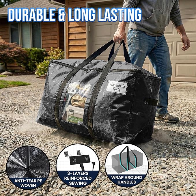 TAILI Extra Large Moving Bags, 6 Pack Black Heavy Duty Totes For Storage with Visible Window, Wrap Around Handles, Storage Bags for Space Saving, Alternative to Moving Boxes