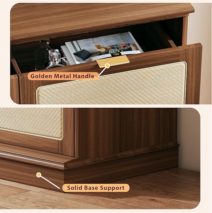 HUAHUU 9 Drawer Dresser for Bedroom, 60 Inch Long Dressers & Rattan Chest of Drawers, Boho Style, Large TV Stand for 55, 65, 70 Inch TV, for Bedroom, Living Room, Entryway, Hallway, Walnut