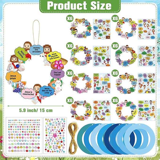 Hollowfly 48 Sets Religious Wreath Craft Kit Bulk Holy Week Wreath Crafts Kit Religious Jesus Ornaments DIY Paper Jesus Craft Decorations with Stickers for Christian Party Activities
