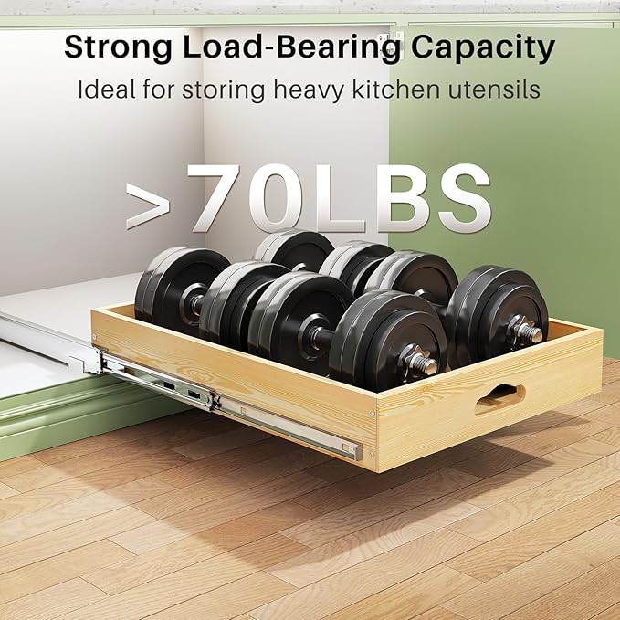 Pull Out Cabinet Organizer, Soft Close Wooden Slide Out Drawers for Pots and Pans, Full-extension Roll Out Shelves for Kitchen Cabinets, Pantry Organization, Bottom & Side Mount( 12"W X 21"D x 3.4''H)