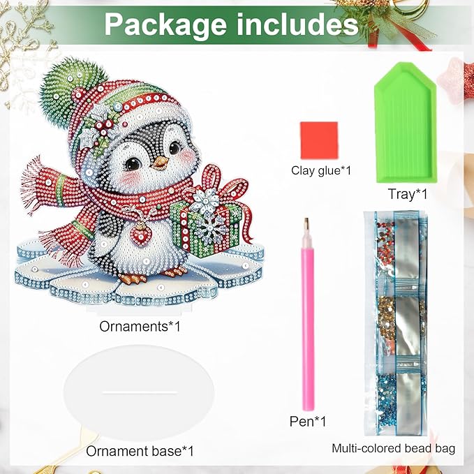 5D Diamond Art Ornament Kits Christmas Penguin, DIY Diamond Painting Desktop Ornaments, Special Shaped Crystal Rhinestone Diamond Art Table Top Home Office Christmas Decor (24x24.7cm)