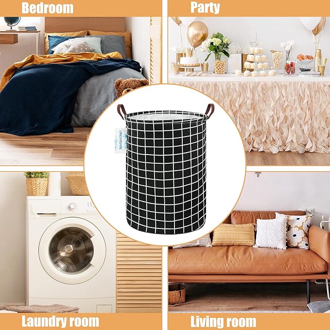 LANGYASHAN Laundry Basket Canvas Fabric Collapsible Organizer Basket for Storage Bin Toy Bins Gift Baskets Bedroom Clothes Children Nursery Hamper (Black Grid)