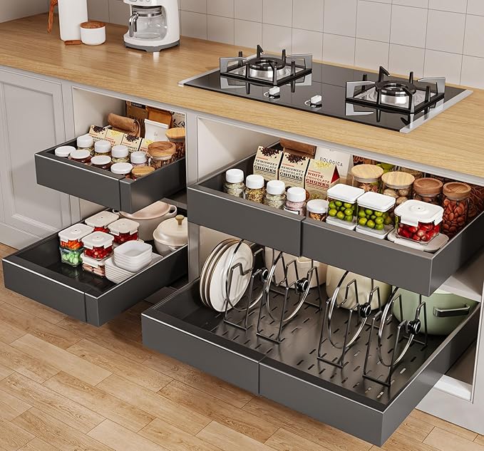 Seinloes 4 Pack Pull out Cabinet Organizer 21"Deep with Raising Pad for Framed Cabinets, Expandable Slide out Drawers for Kitchen Cabinets with 4pcs Divider Racks, Roll out Shelves 12.1"-20.4" W Black