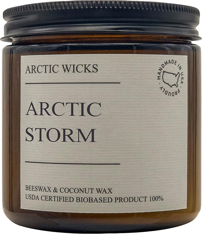 Arctic Wicks Handcrafted Candles | Non Toxic Coconut Beeswax Candles 16oz Double Wick | 100% USDA Certified Biobased, Handmade, Premium Waxes, Non-Toxic (Arctic Storm, 16oz Amber Jar)