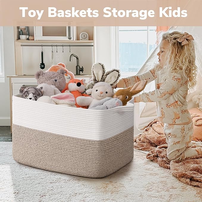 Goodpick Large Blanket Basket 22" x 17" x 12" Woven Storage Baskets for Organizing, Rectangle Cotton Rope Basket for Living Room Bedroom, Toy Baskets Storage Kids, White & Brown